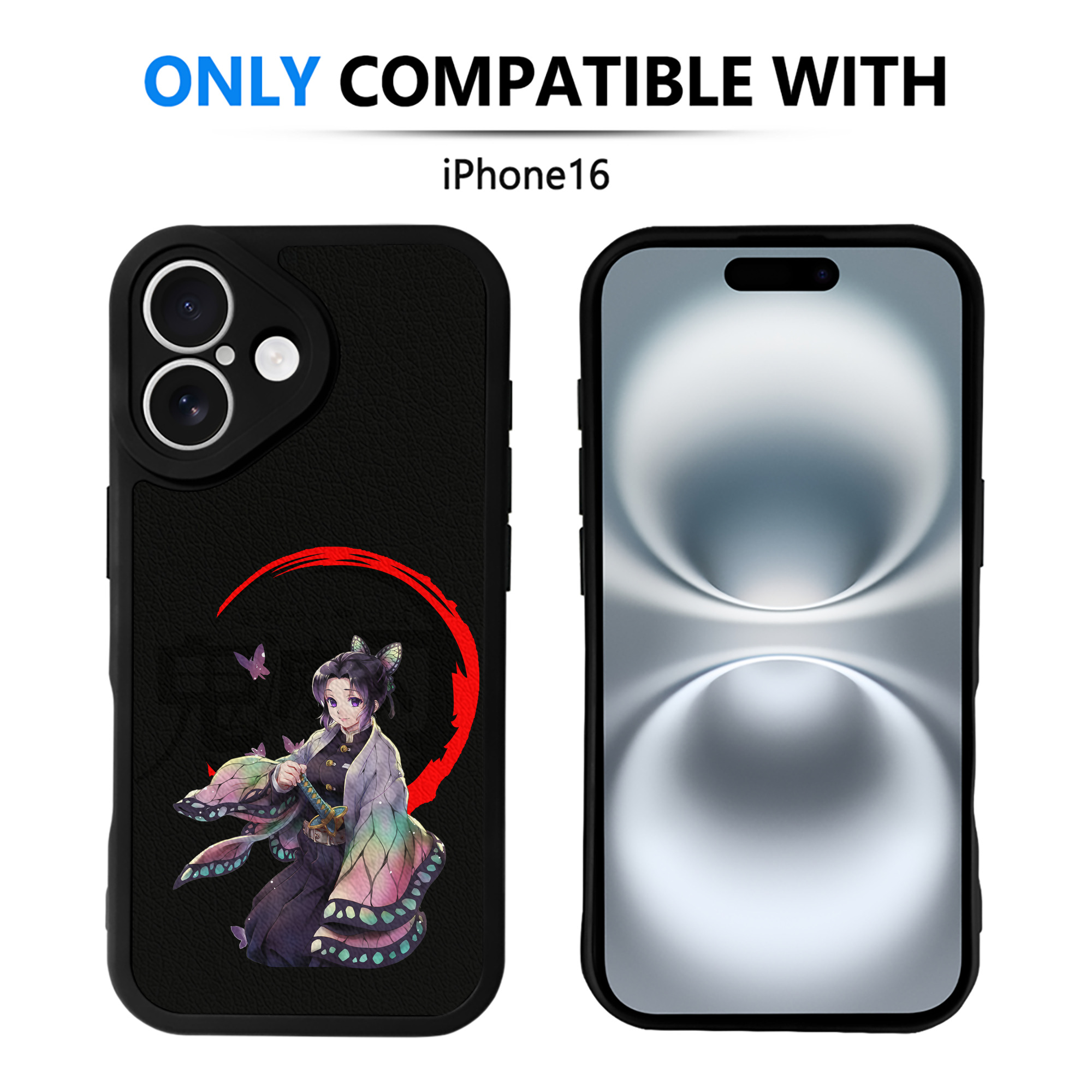 （画像用） 鬼滅の刃（きめつのやいば）蟲柱-胡蝶 しのぶ／こちょう しのぶ Kochou Shinobu 【iPhone 16シリーズ対応】シリコンスマホケース（レザー調） 材質：シリコン